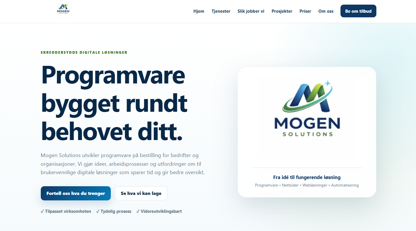 Forsiden til Mogen Solutions-nettsiden